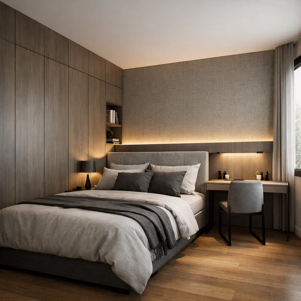 Kamar tidur cowok modern dengan kombinasi panel dinding bertekstur, wardrobe built-in rapi, dan pencahayaan hangat yang menciptakan suasana maskulin namun tetap nyaman