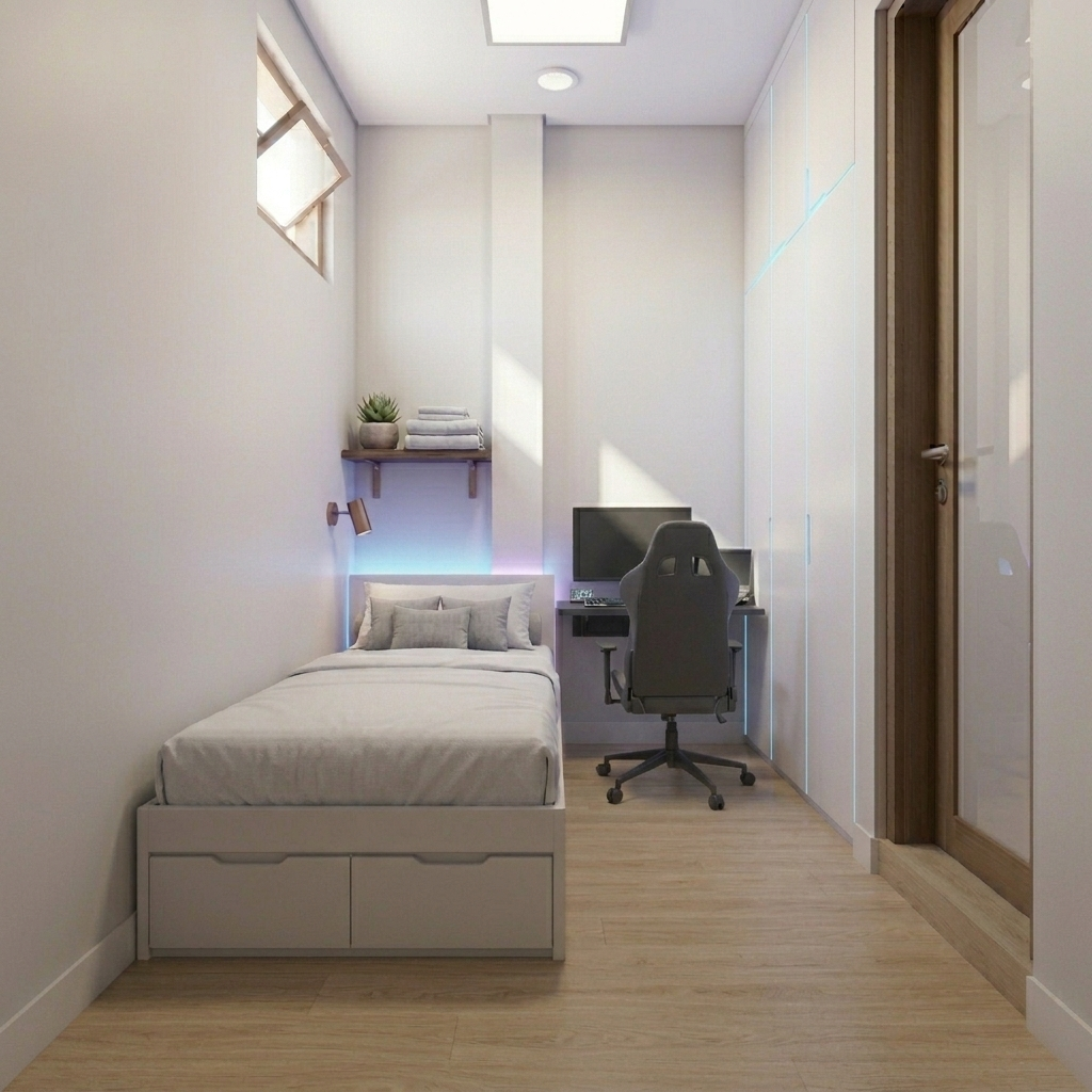 Kamar tidur cowok modern futuristik dengan LED yang sleek dan clean