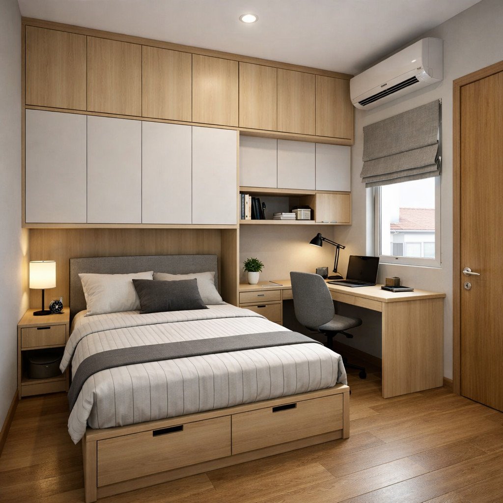 Kamar tidur cowok rapi maksimal dengan storage tersembunyi