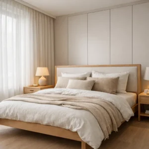 Kamar tidur estetik bergaya Scandinavian dengan palet warna netral lembut dan pencahayaan hangat yang menciptakan suasana tenang serta nyaman