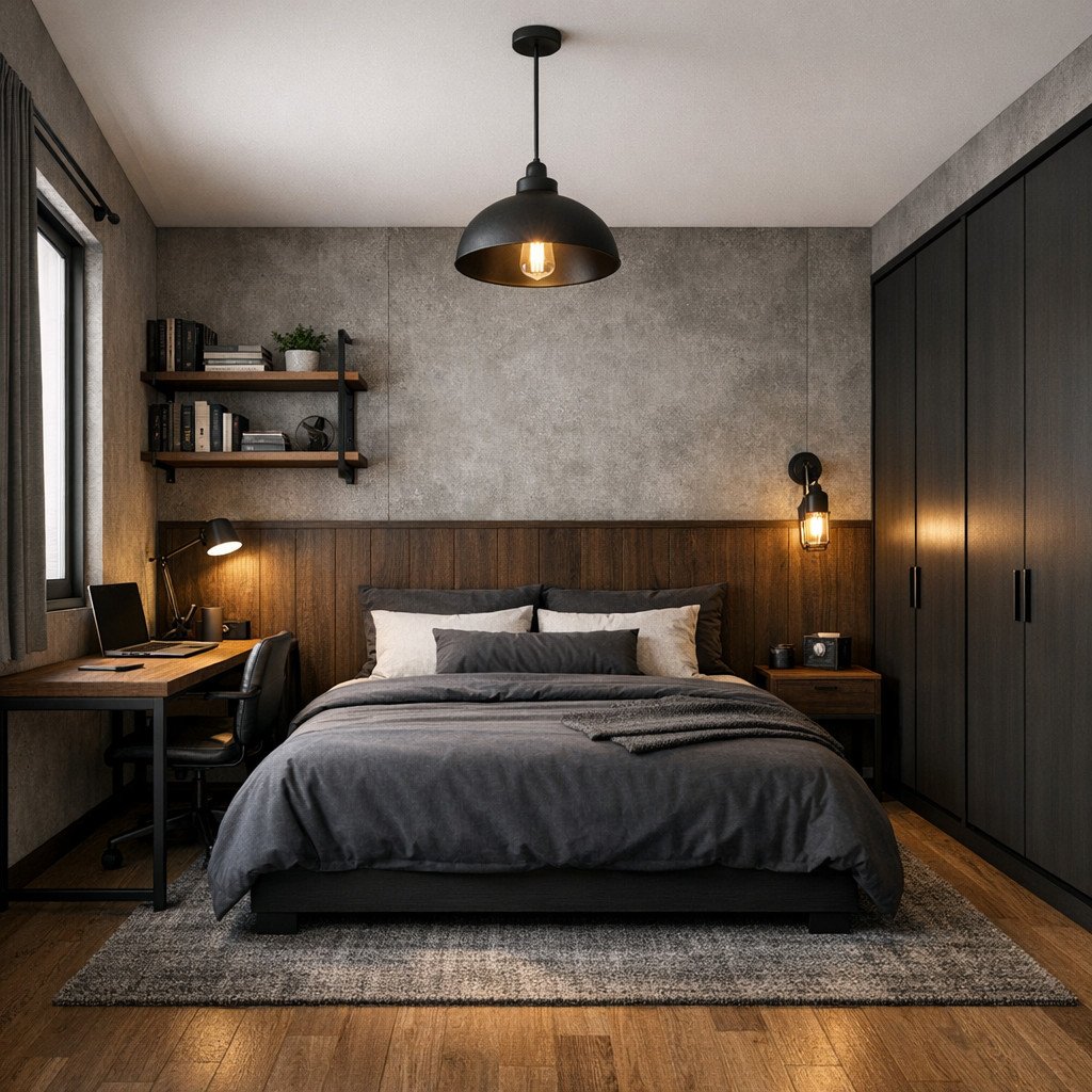 Kamar tidur industrial modern dengan nuansa maskulin dan tegas