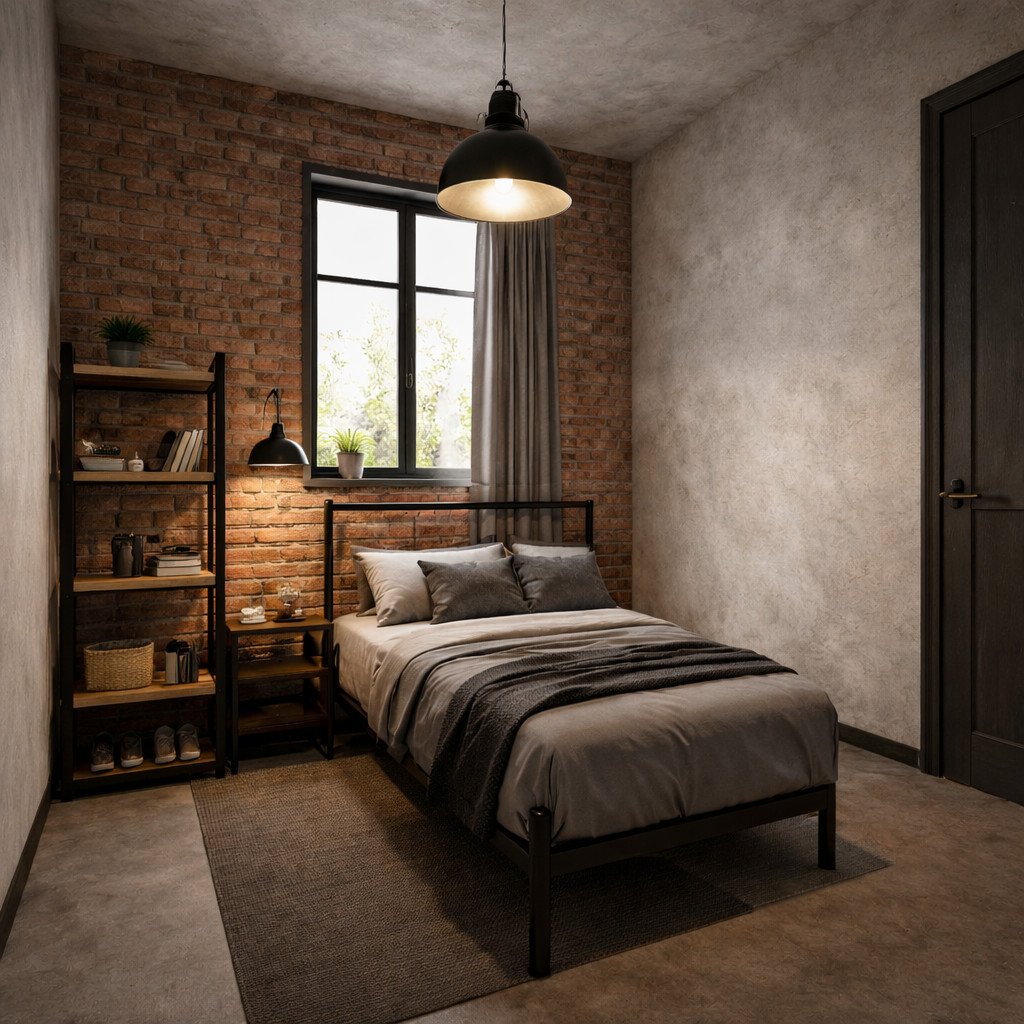 Kamar tidur industrial sederhana dengan nuansa maskulin dan modern