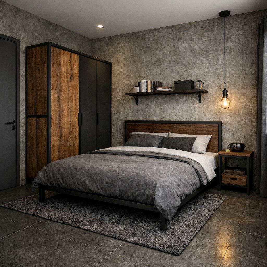 Kamar tidur industrial sederhana dengan nuansa tegas dan modern
