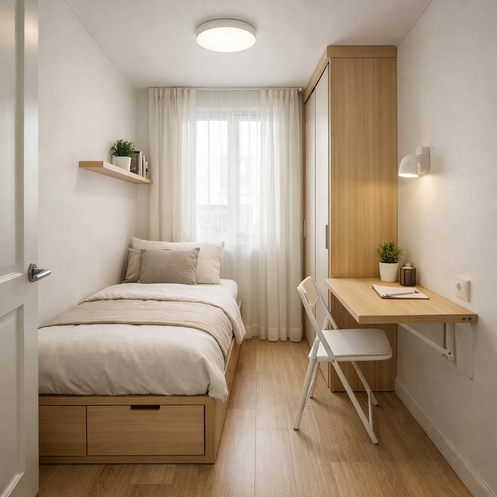 Kamar tidur kecil 2x2 yang ringan dan tetap fungsional