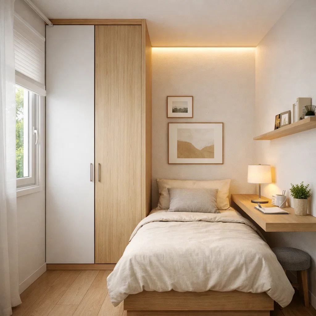 Kamar tidur kecil ukuran 2x2 dengan konsep minimalis built-in yang memaksimalkan storage dan pencahayaan agar tetap terasa nyaman serta tidak sumpek