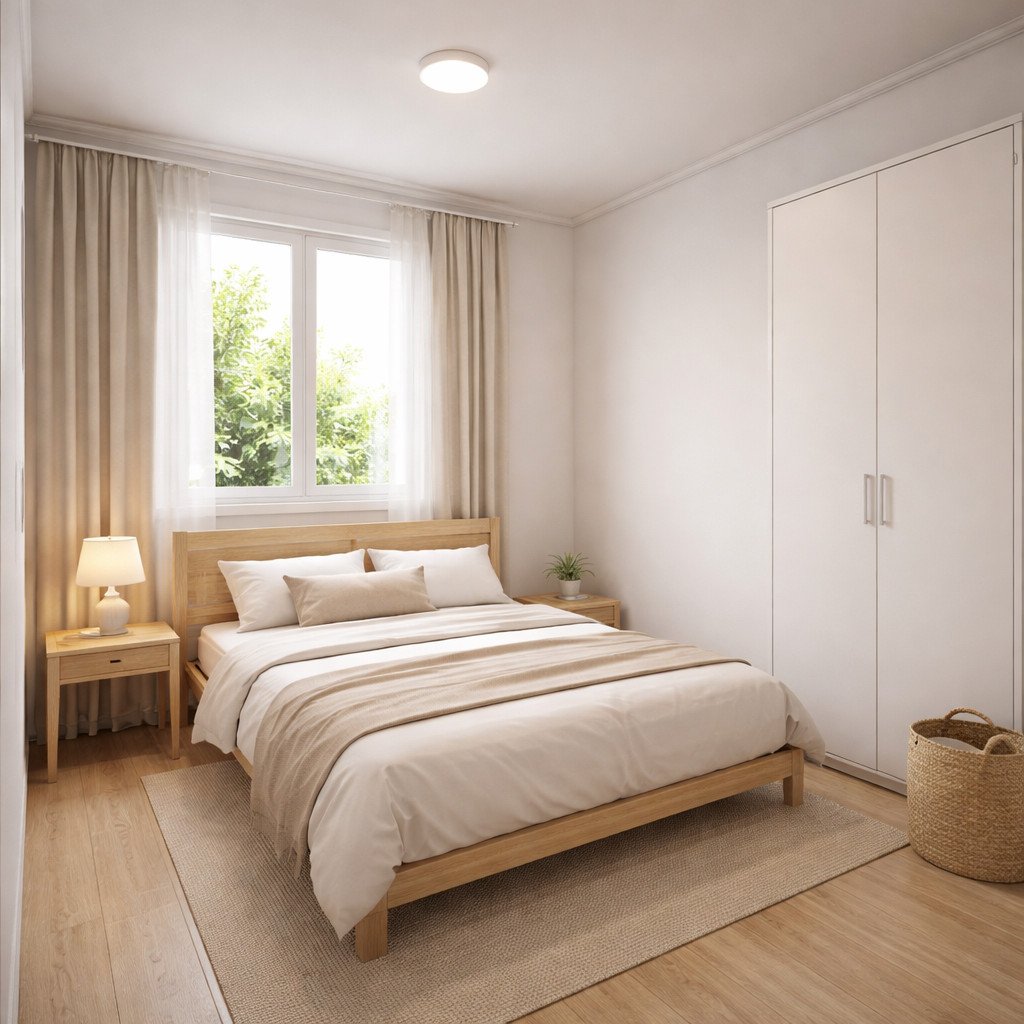 Kamar tidur minimalis sederhana yang tenang dan nyaman untuk beristirahat