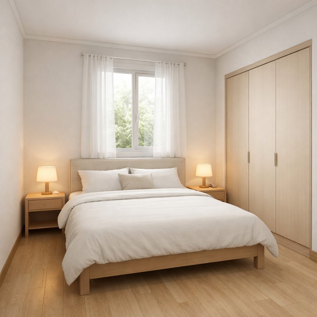 Kamar tidur minimalis sederhana yang tenang dan terasa lega