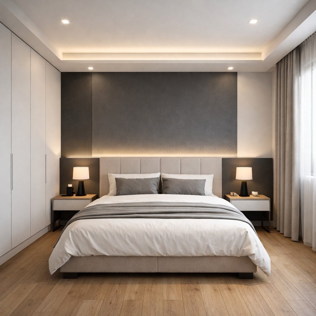 Kamar tidur modern aesthetic yang bersih dan elegan
