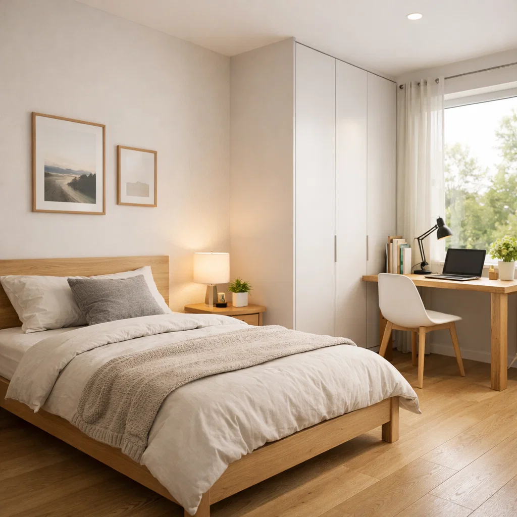 Kamar tidur remaja bergaya Scandinavian yang sederhana, terang, dan fungsional dengan area belajar yang nyaman serta storage rapi