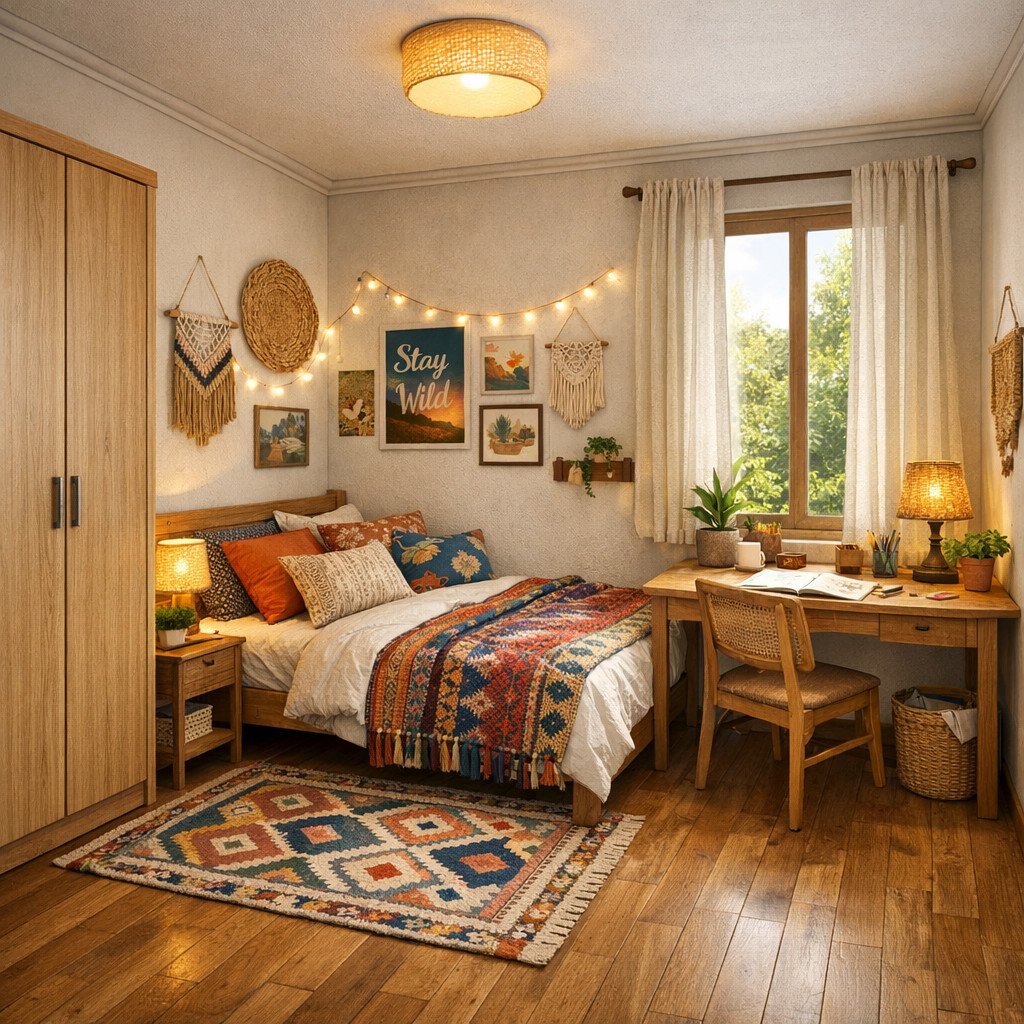 Kamar tidur remaja bohemian yang artistik dan penuh inspirasi