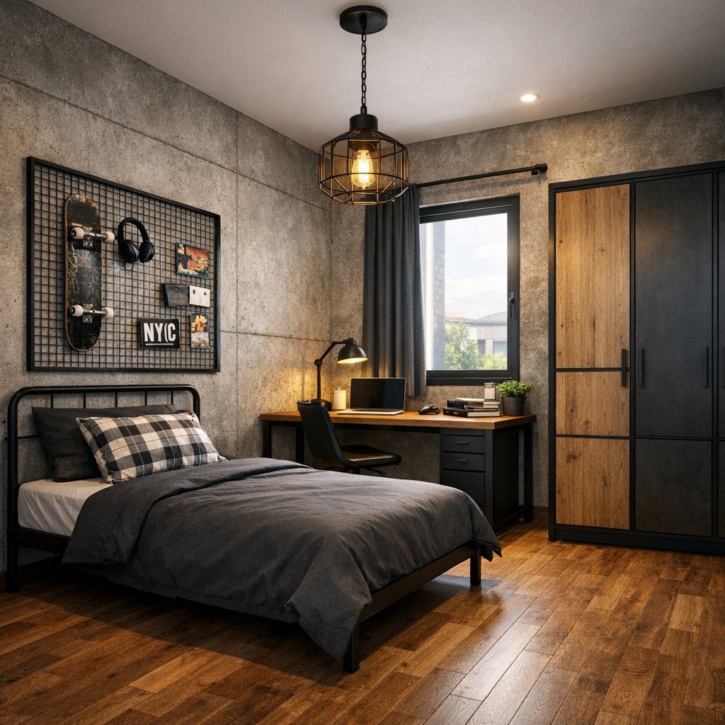 Kamar tidur remaja industrial yang maskulin dan penuh karakter