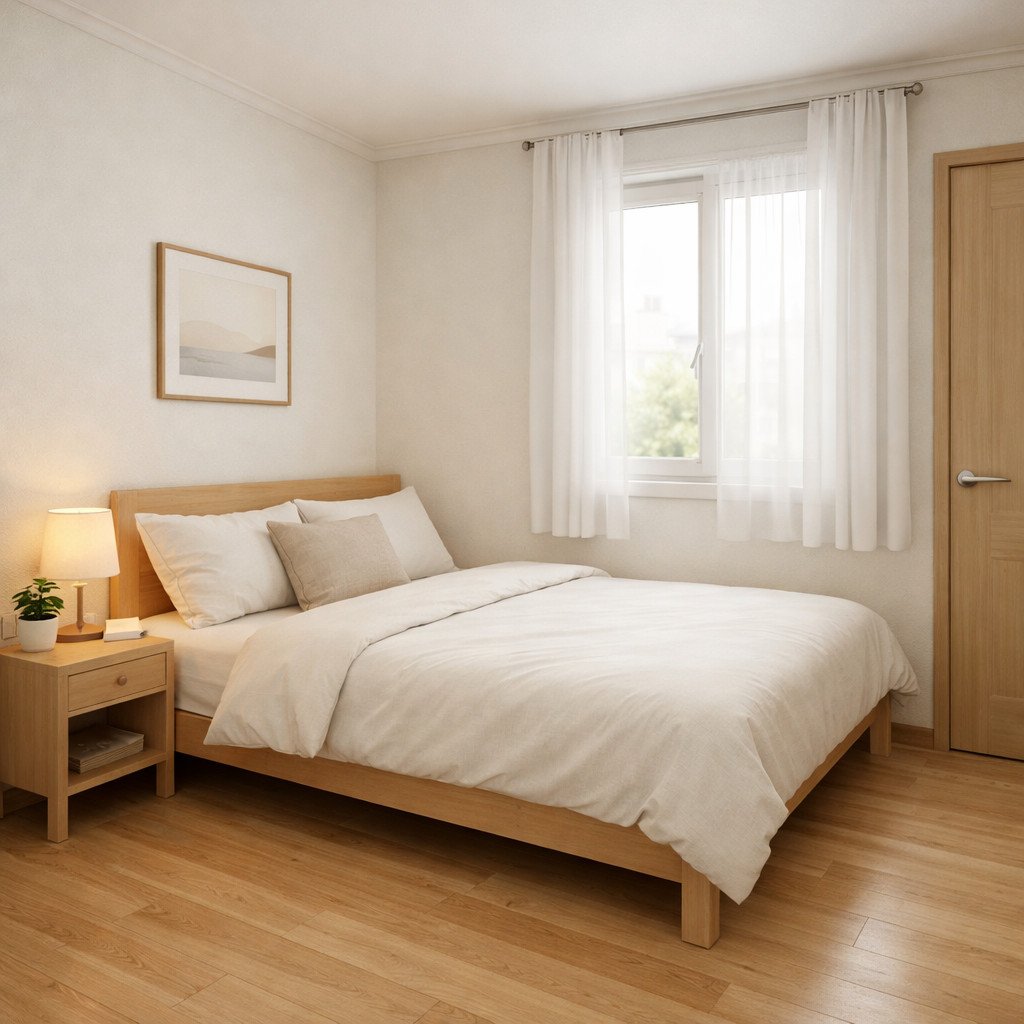 Kamar tidur sederhana bergaya Scandinavian yang terang dan nyaman