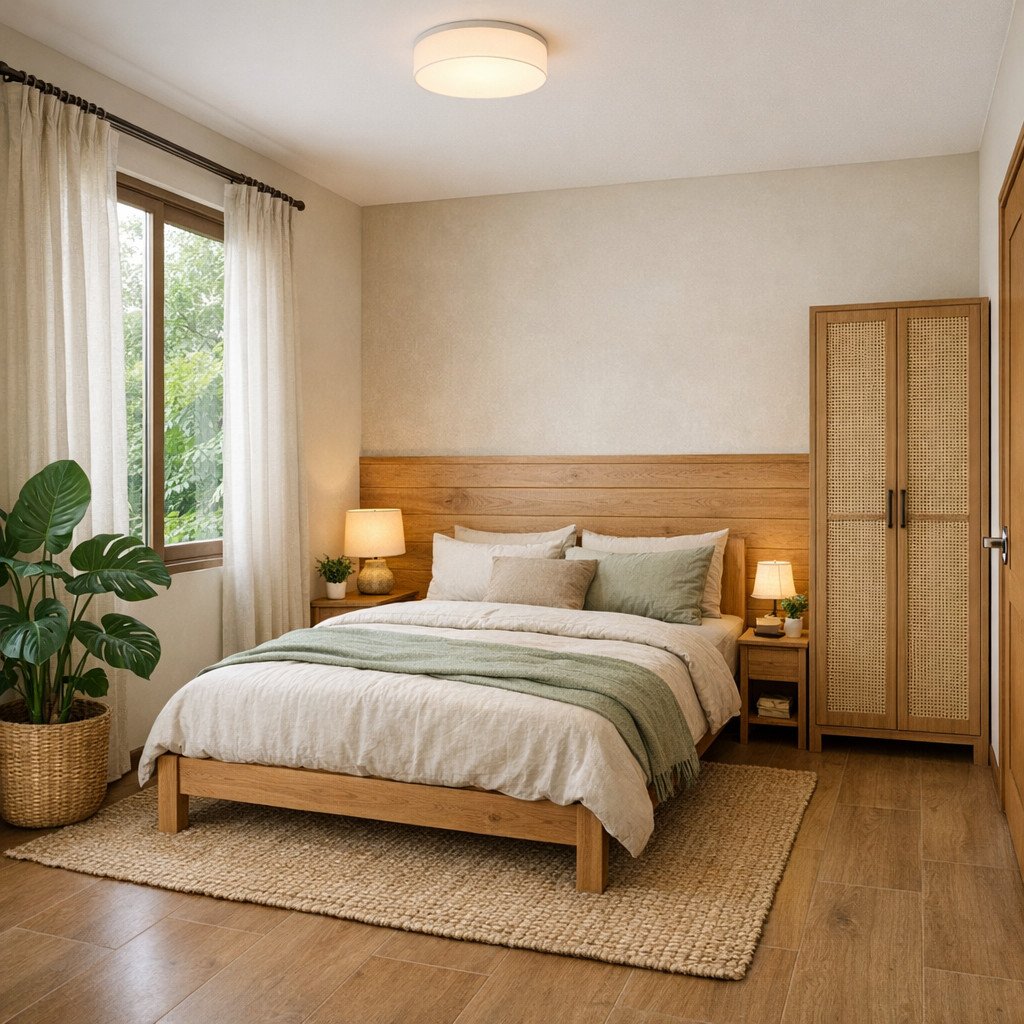 Kamar tidur sederhana bernuansa alam yang terasa tenang dan segar