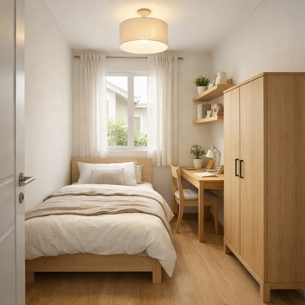 Kamar tidur sempit Scandinavian yang terang dan terasa lebih luas