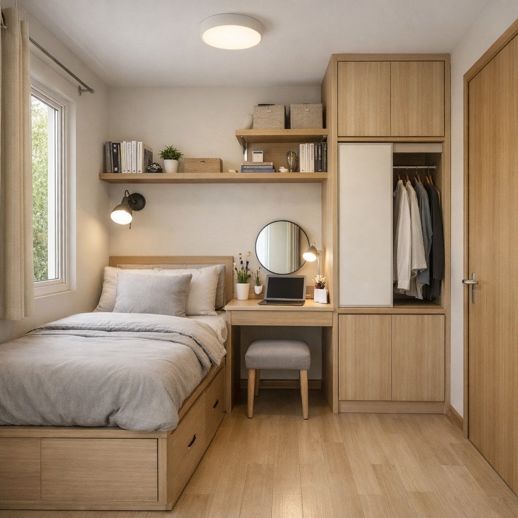 Kamar tidur sempit multifungsi dengan furnitur praktis dan efisien