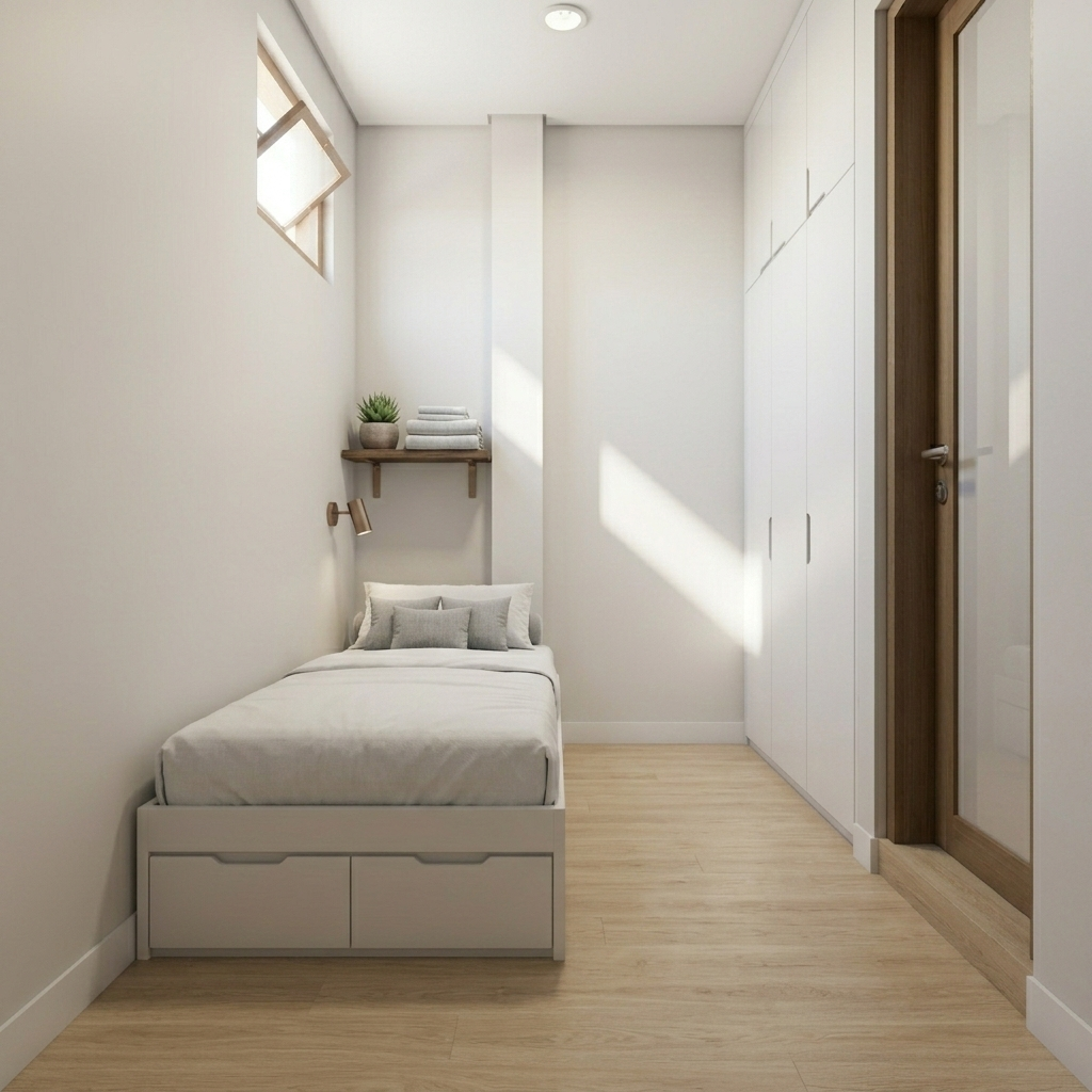 Kamar tidur sempit tetap rapi dengan penyimpanan minimalis pintar