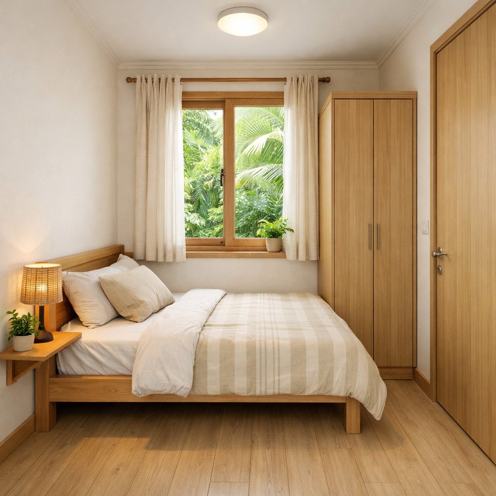 Kamar tidur sempit tropis yang terasa sejuk dan santai