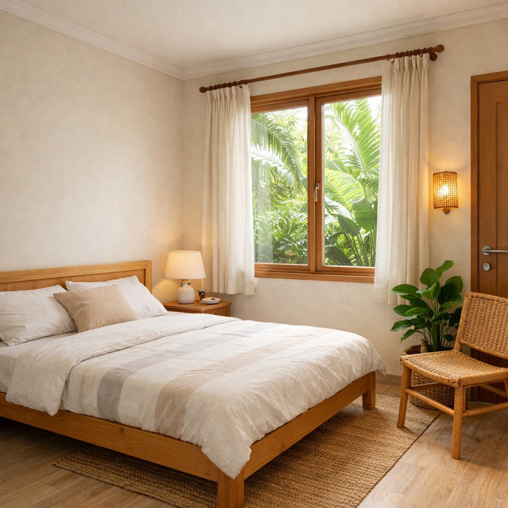 Kamar tidur tropis sederhana yang terang dan terasa sejuk
