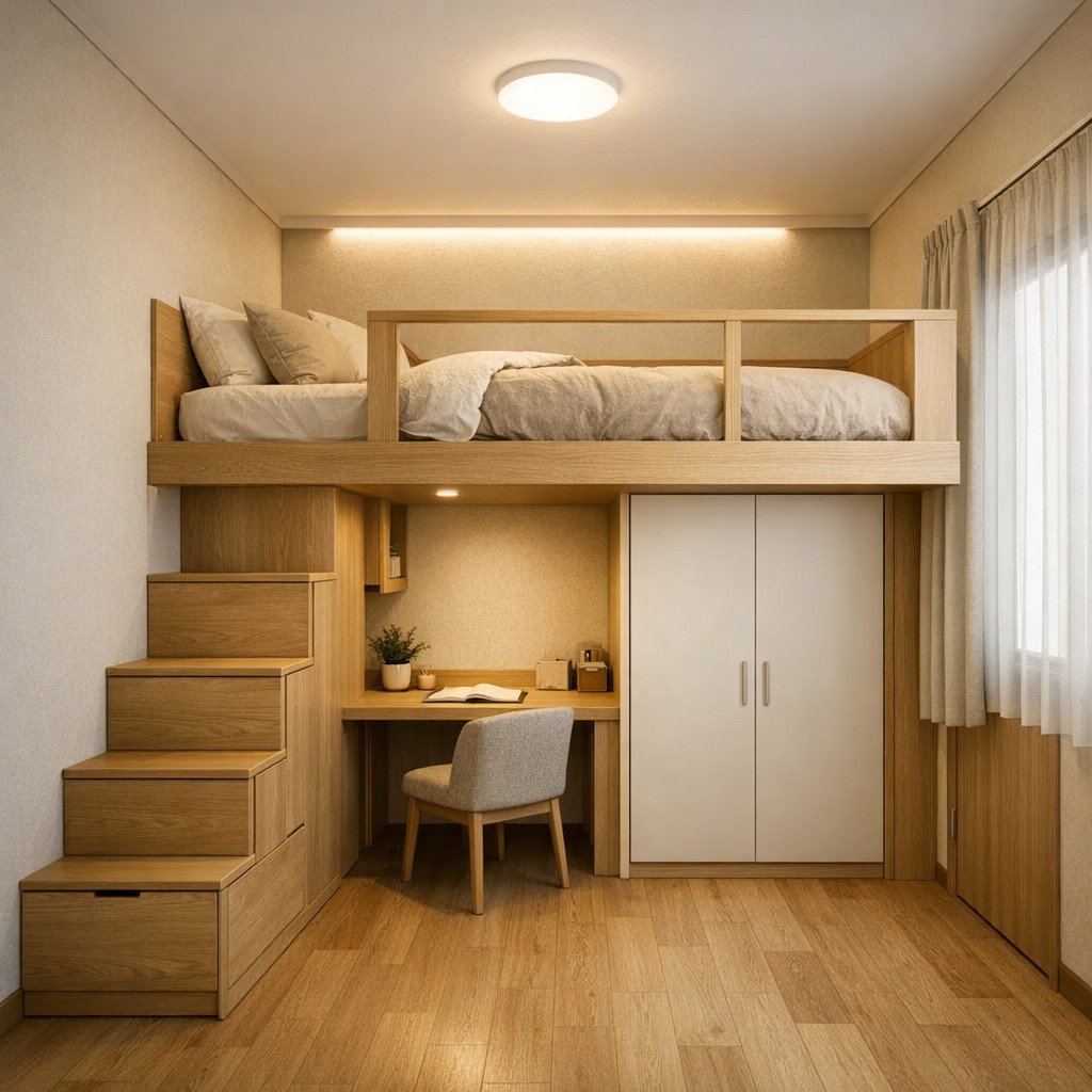 Kamar tingkat 3x3 dewasa bergaya Japandi yang hangat