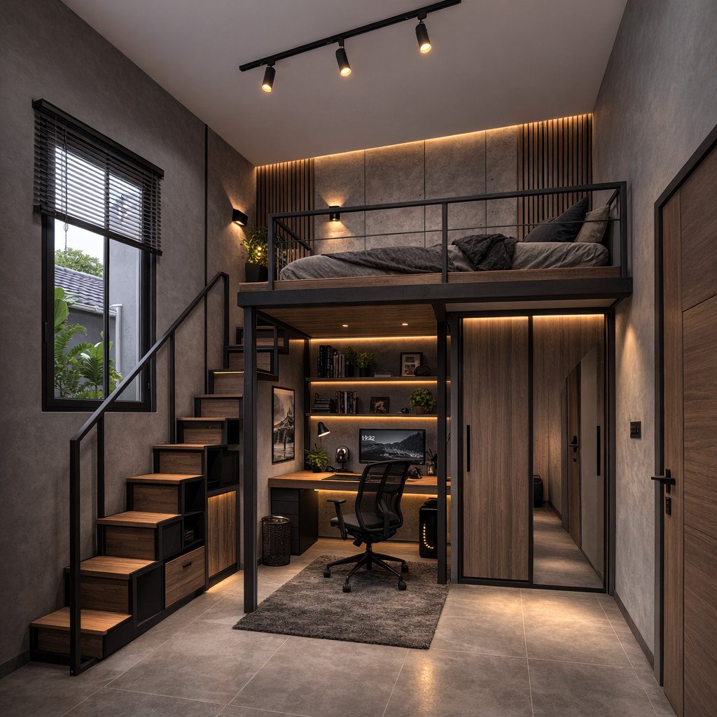 Kamar tingkat 3x3 industrial dengan karakter tegas dan dewasa