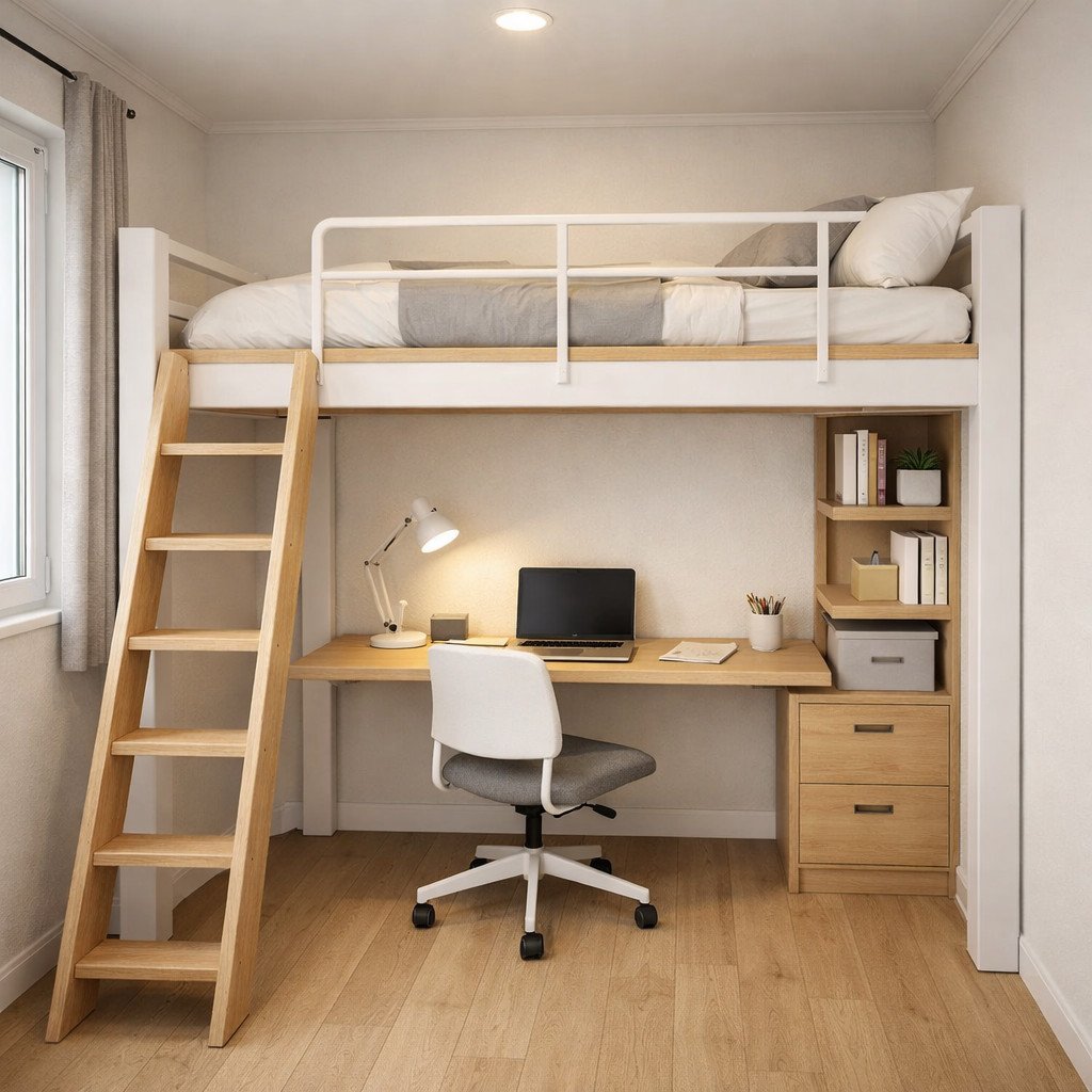 Loft bed cerdas yang memaksimalkan ruang kamar tidur sempit