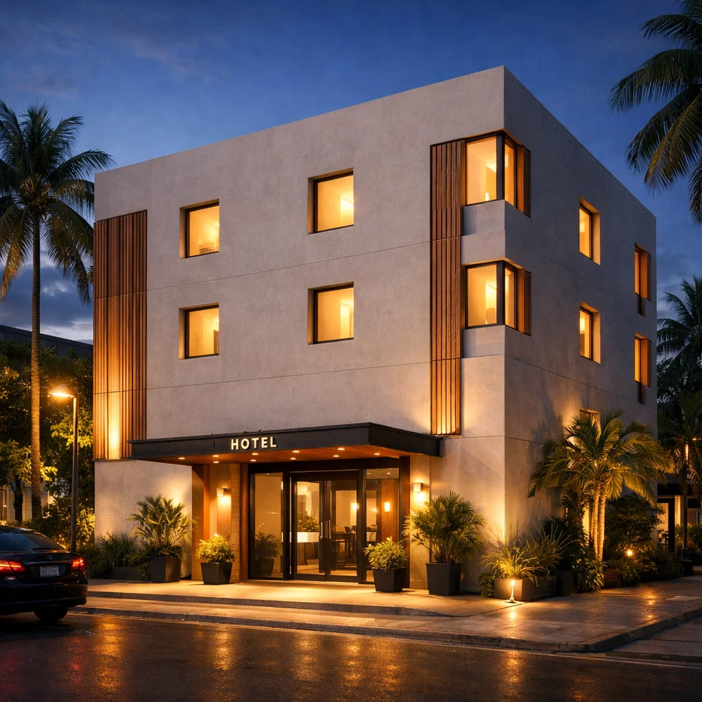 Tampilan fasad hotel butik modern dengan komposisi minimalis yang hangat dan proporsional sesuai konsep kamar hotel compact 3x3