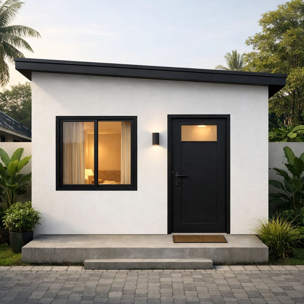 Tampilan fasad kamar kost minimalis sederhana dengan komposisi bersih dan pencahayaan hangat yang mencerminkan ruang 3x3 yang nyaman di dalamnya