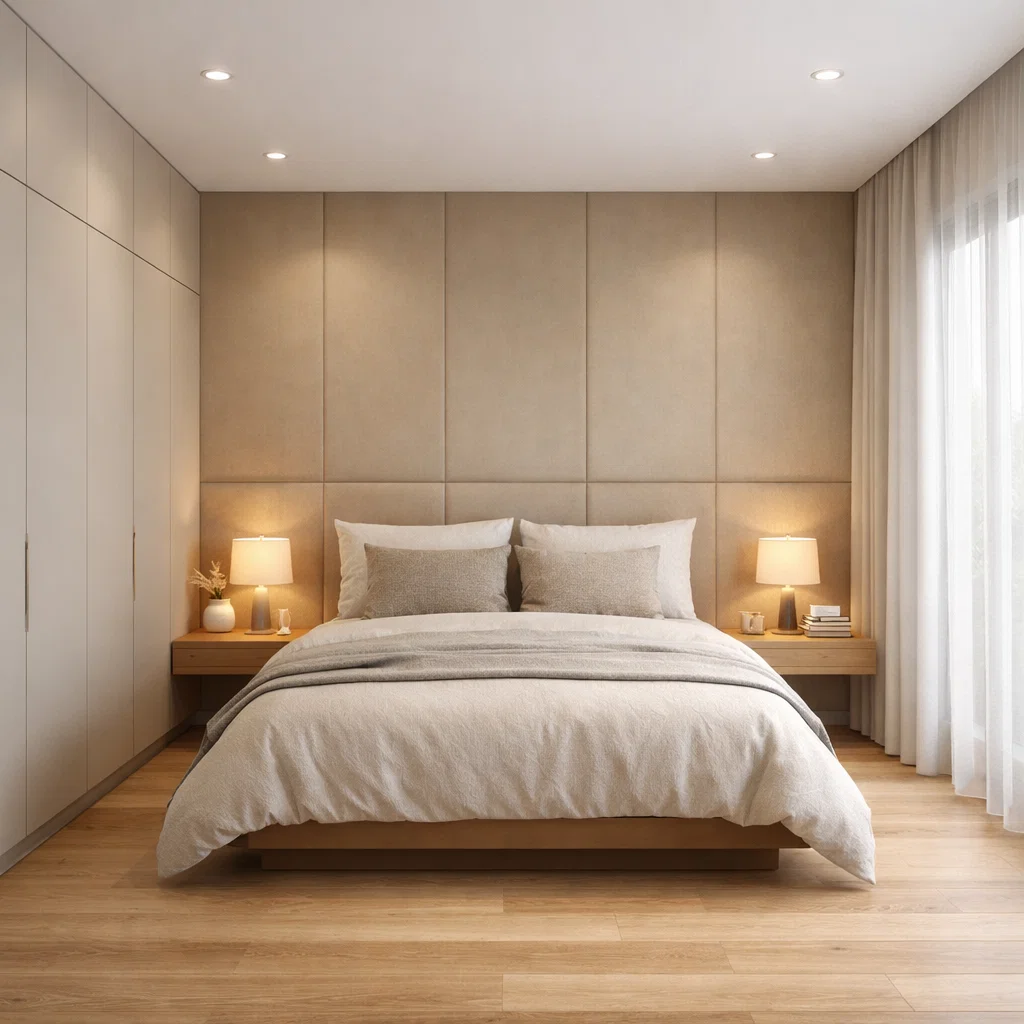 Tampilan kamar 3x4 bernuansa hangat dengan ranjang queen, wardrobe built-in full height, dan pencahayaan lembut yang menciptakan suasana intim dan nyaman untuk pasangan suami istri