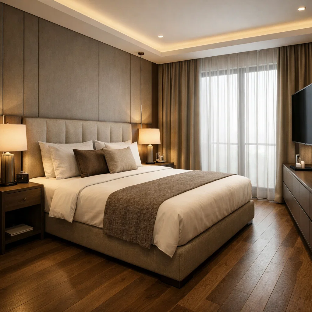 Tampilan kamar hotel modern dengan headboard elegan, pencahayaan hangat berlapis, dan tata ruang rapi yang menciptakan suasana nyaman serta profesional