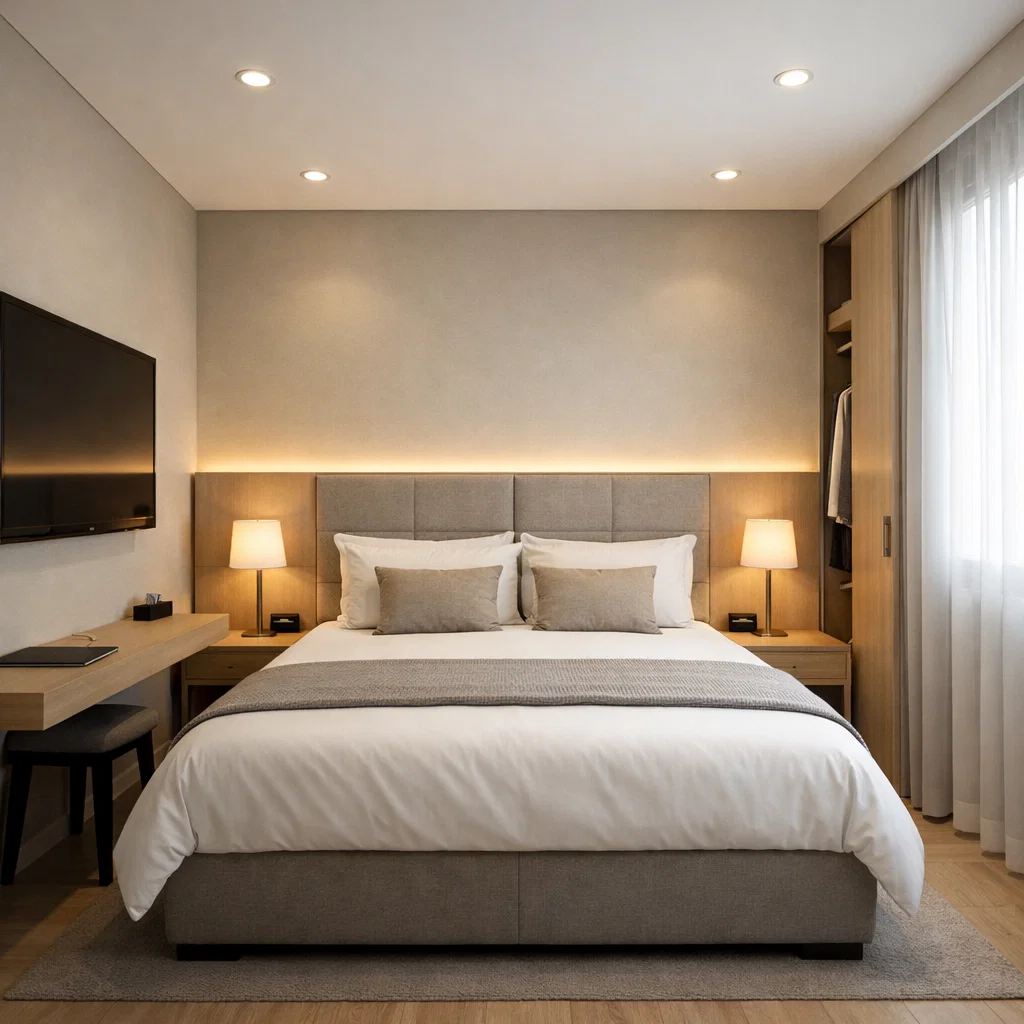 Tampilan kamar hotel ukuran 3x4 meter dengan desain modern minimalis yang rapi dan nyaman serta pencahayaan hangat yang membuat ruang terasa lebih luas