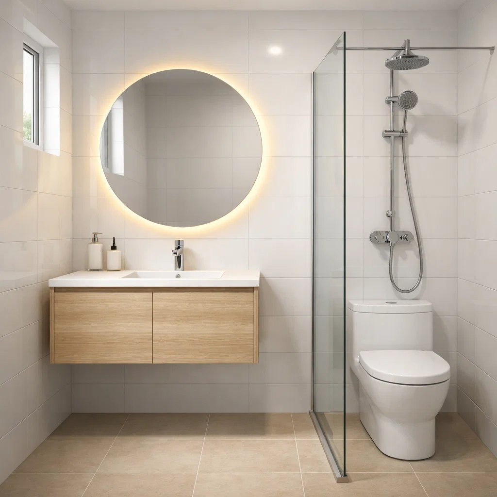 Tampilan kamar mandi kecil modern dengan tata ruang rapi, warna terang, dan partisi kaca transparan yang membuat ruang terasa lebih lega dan bersih