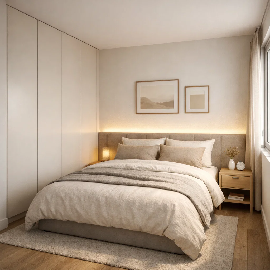 Tampilan kamar tidur 3x3 dengan lemari built-in setinggi plafon dan tata ruang presisi yang tetap terasa hangat dan lega