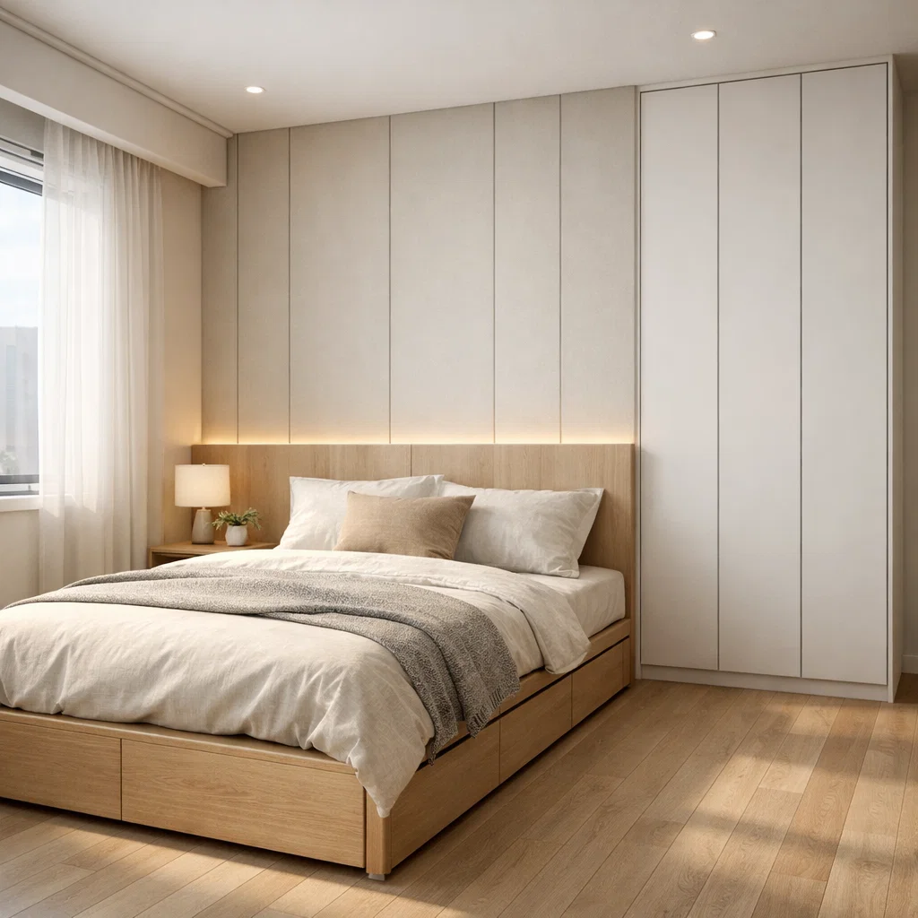 Tampilan kamar tidur kecil dengan konsep modern minimalis yang rapi, terang, dan terasa lega melalui tata letak efisien serta pencahayaan hangat