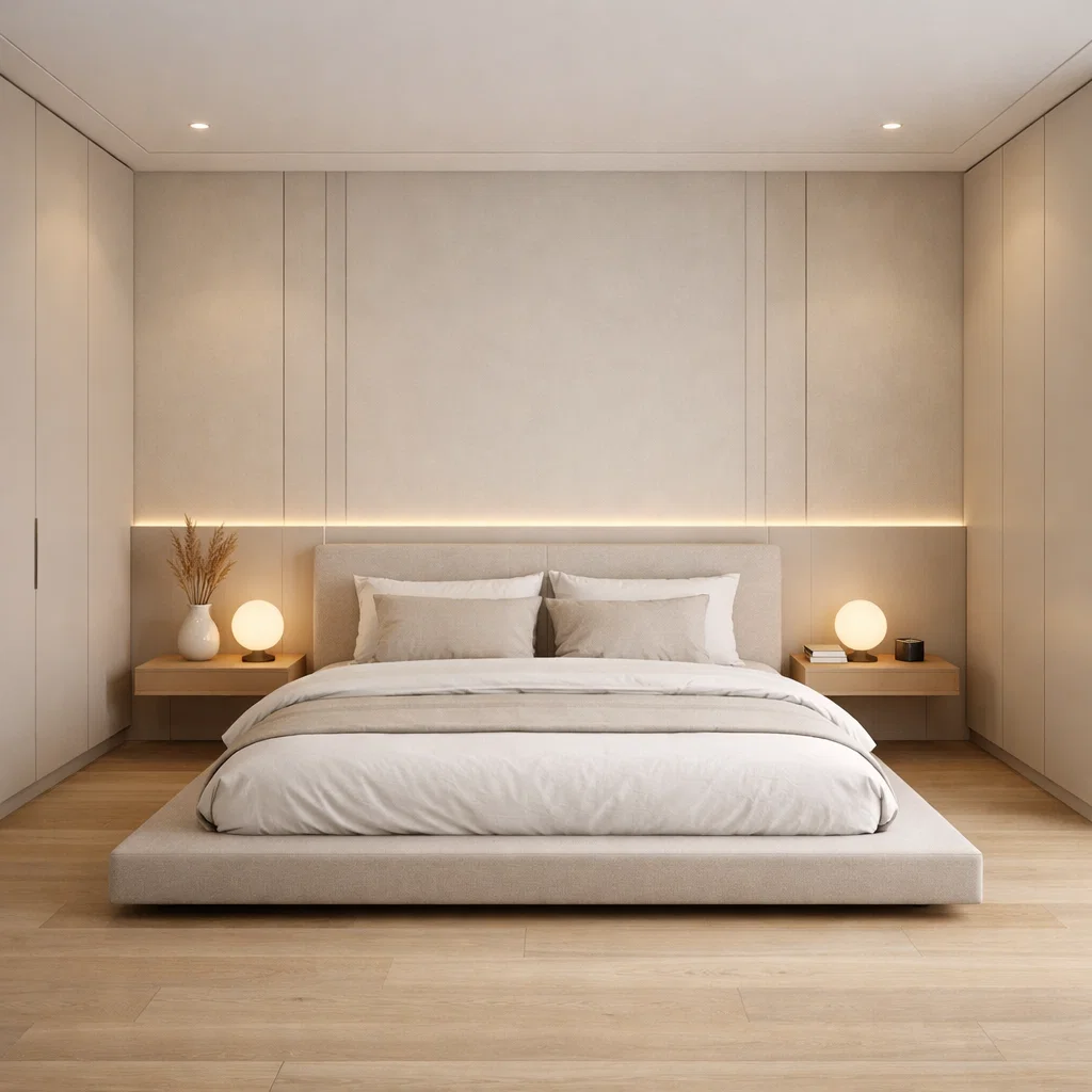 Tampilan kamar tidur minimalis modern dengan palet warna lembut, panel dinding rapi, dan pencahayaan hangat yang menciptakan suasana tenang dan elegan