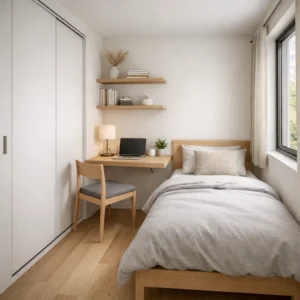 Tampilan kamar tidur minimalis ukuran 2x3 dengan penataan furnitur efisien dan warna terang yang membuat ruang kecil terasa lebih lapang dan nyaman