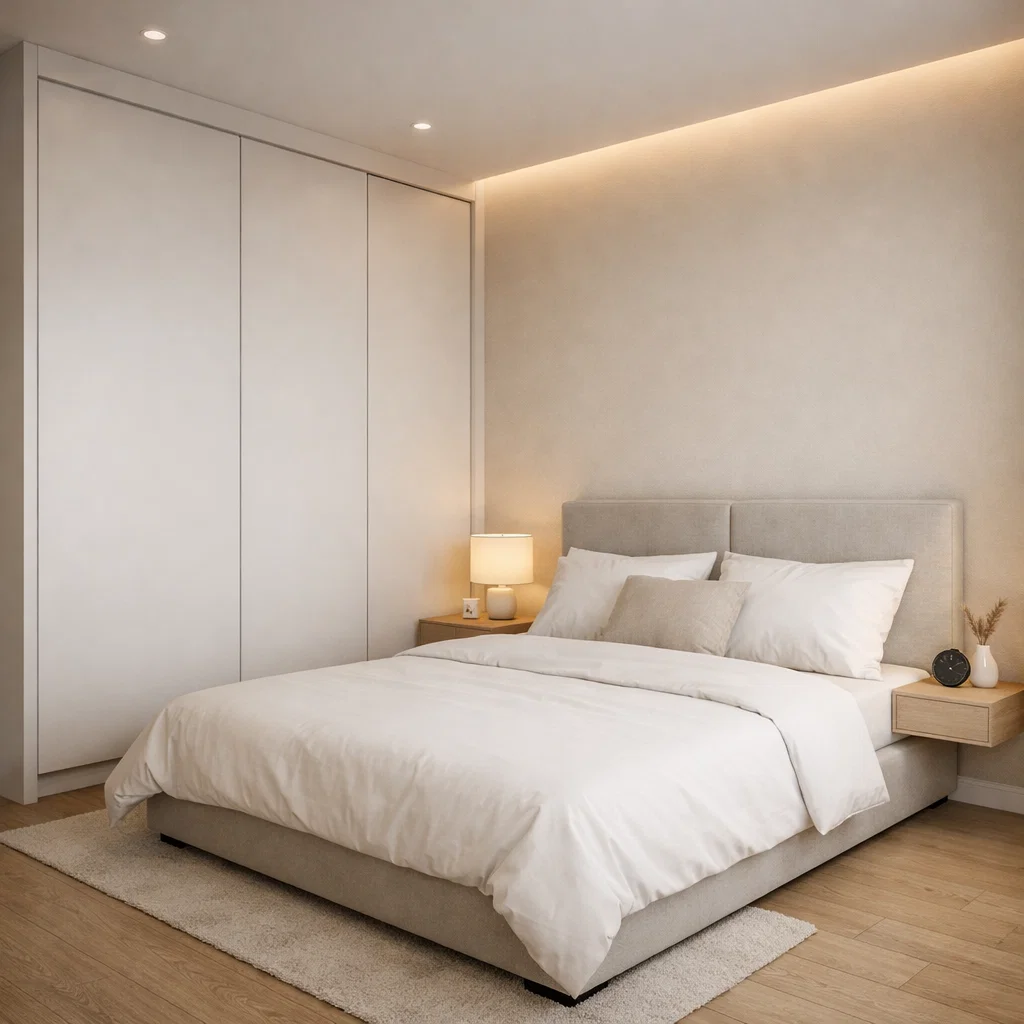 Tampilan kamar tidur minimalis ukuran 3x4 dengan tata letak proporsional, wardrobe built-in, dan pencahayaan hangat yang membuat ruang terasa lega dan nyaman