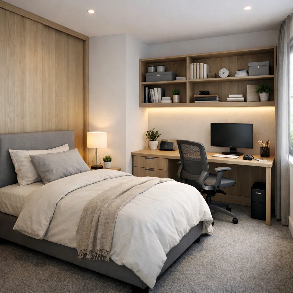 Tampilan kamar tidur remaja dengan tata ruang rapi, meja belajar ergonomis, dan nuansa hangat yang mendukung fokus serta kenyamanan pribadi