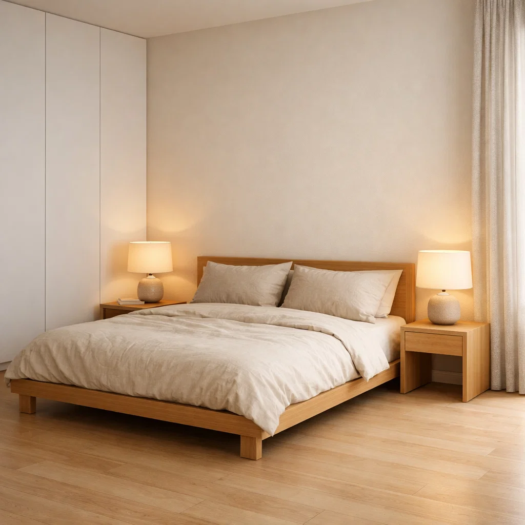 Tampilan kamar tidur sederhana dengan nuansa netral hangat dan furnitur minimal yang terasa rapi serta nyaman untuk beristirahat