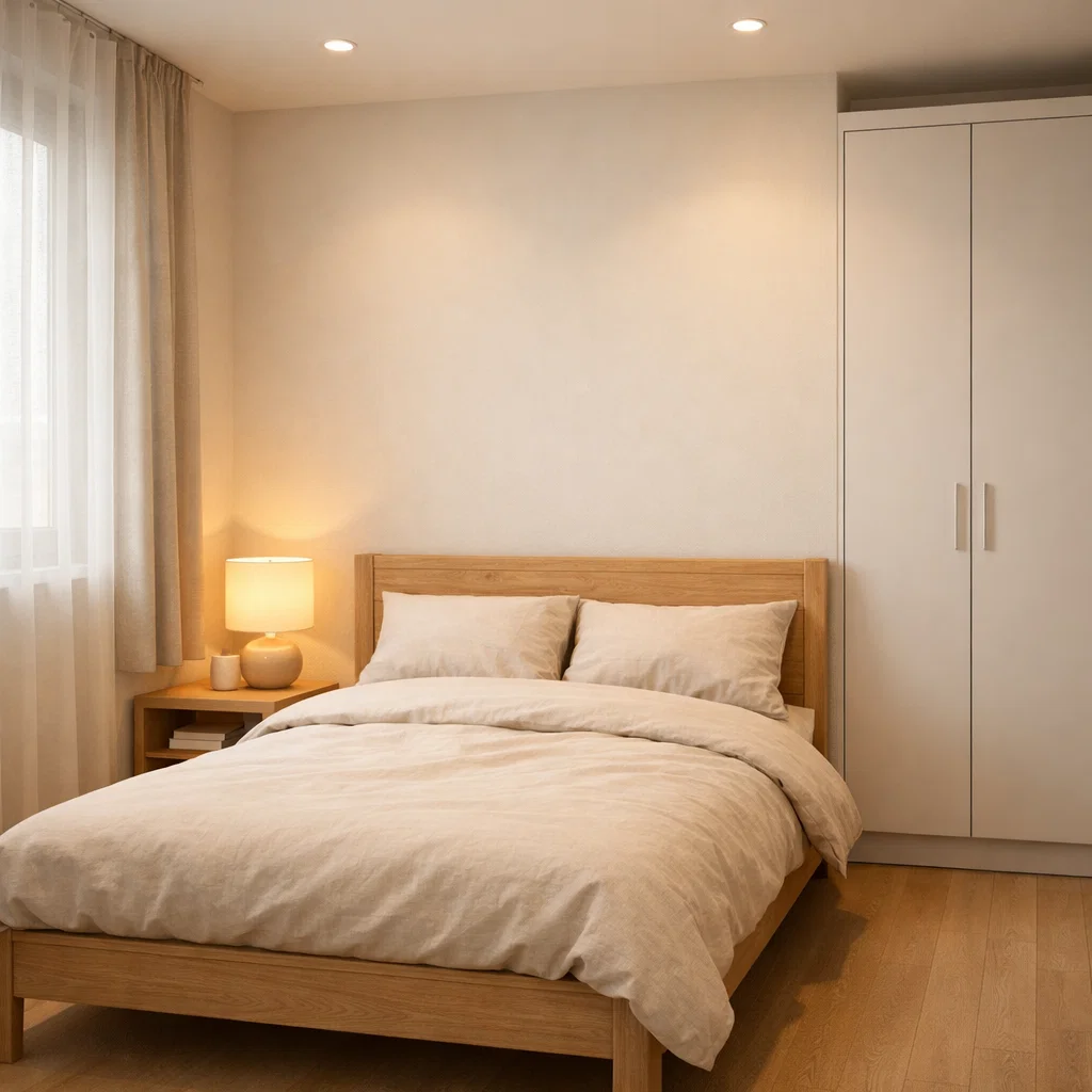 Tampilan kamar tidur sederhana dengan nuansa netral hangat dan penataan rapi yang terlihat nyaman serta fungsional sesuai konsep hemat biaya