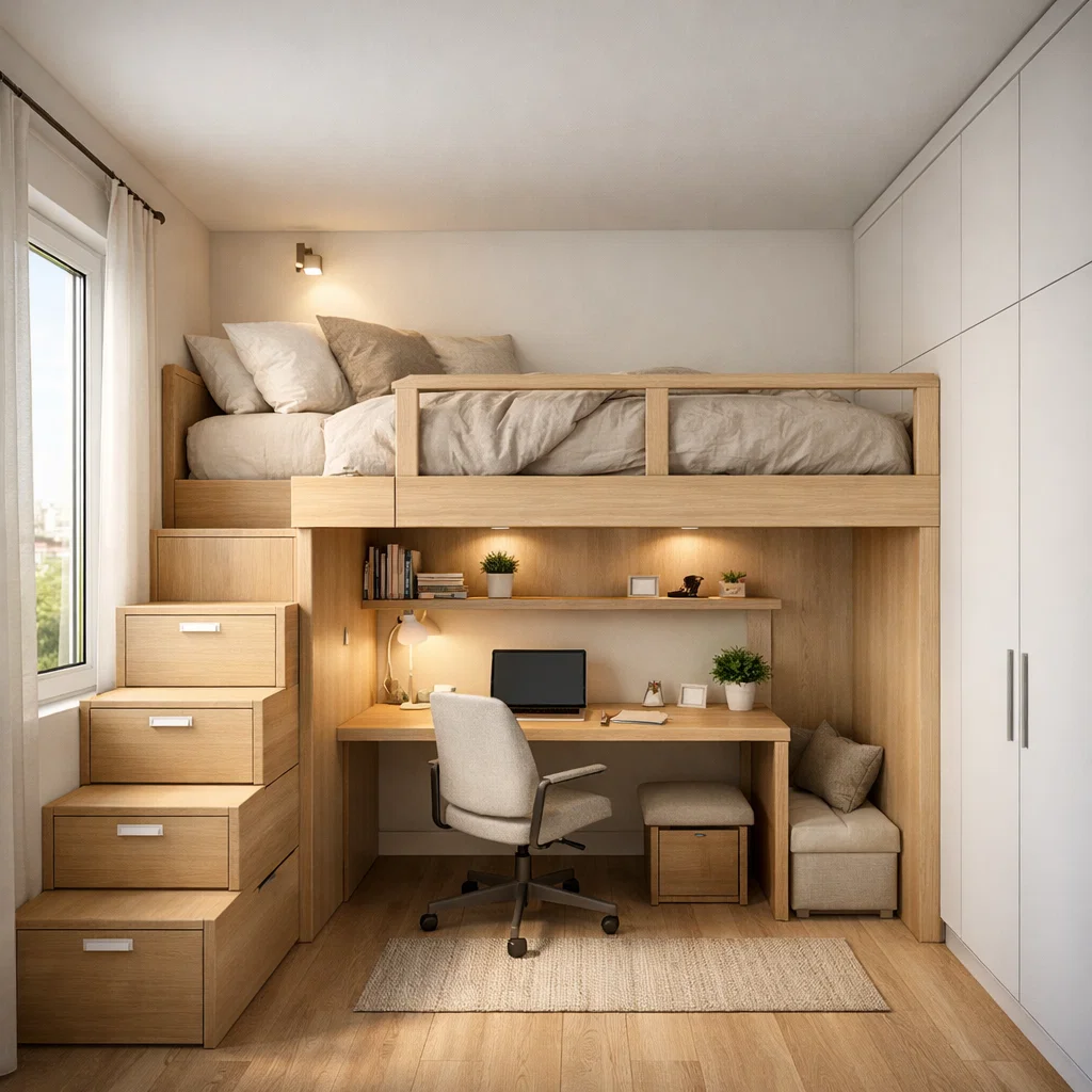 Tampilan kamar tingkat 3x3 minimalis dewasa dengan loft kayu terang dan area kerja di bawahnya yang terasa rapi dan fungsional