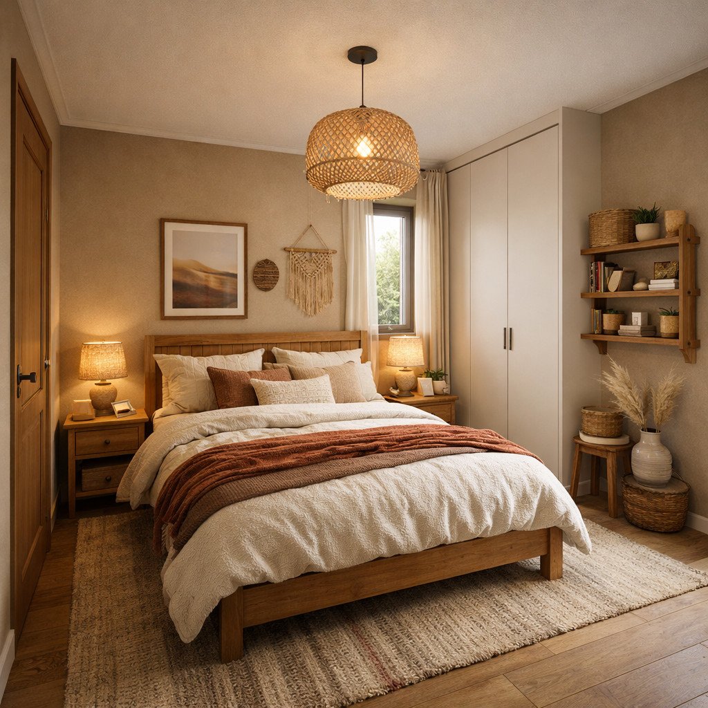desain kamar 3x4 untuk suami istri bohemian yang hangat dan personal
