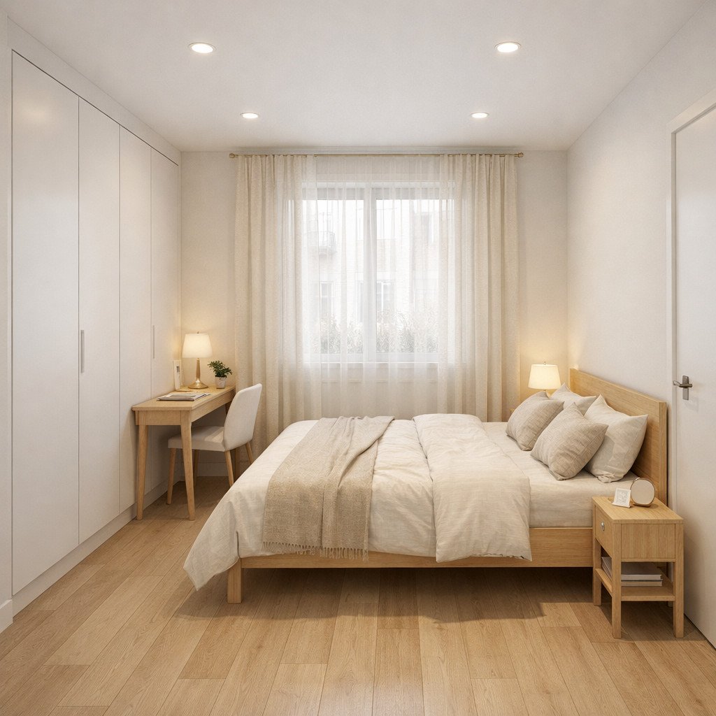 desain kamar 3x4 untuk suami istri gaya scandinavian yang terang dan ringan