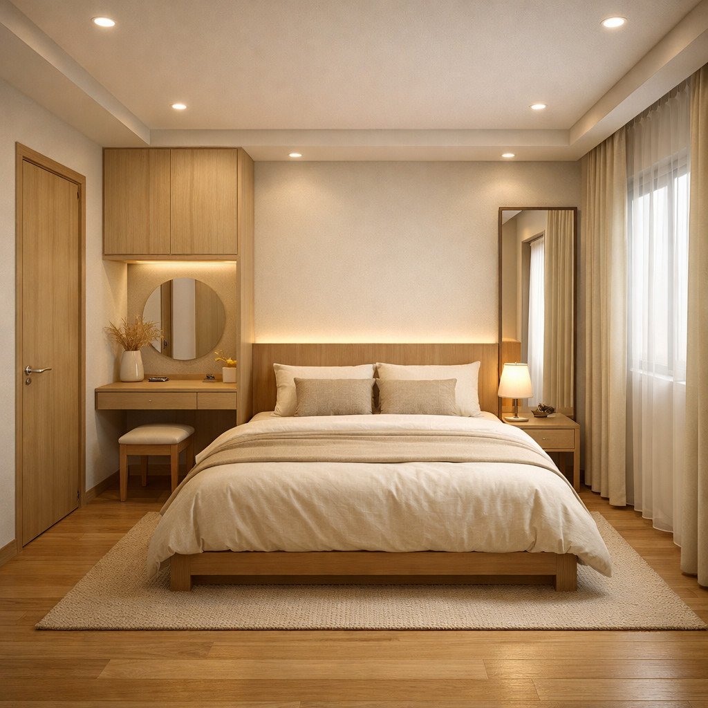 desain kamar 3x4 untuk suami istri japandi yang hangat dan intim