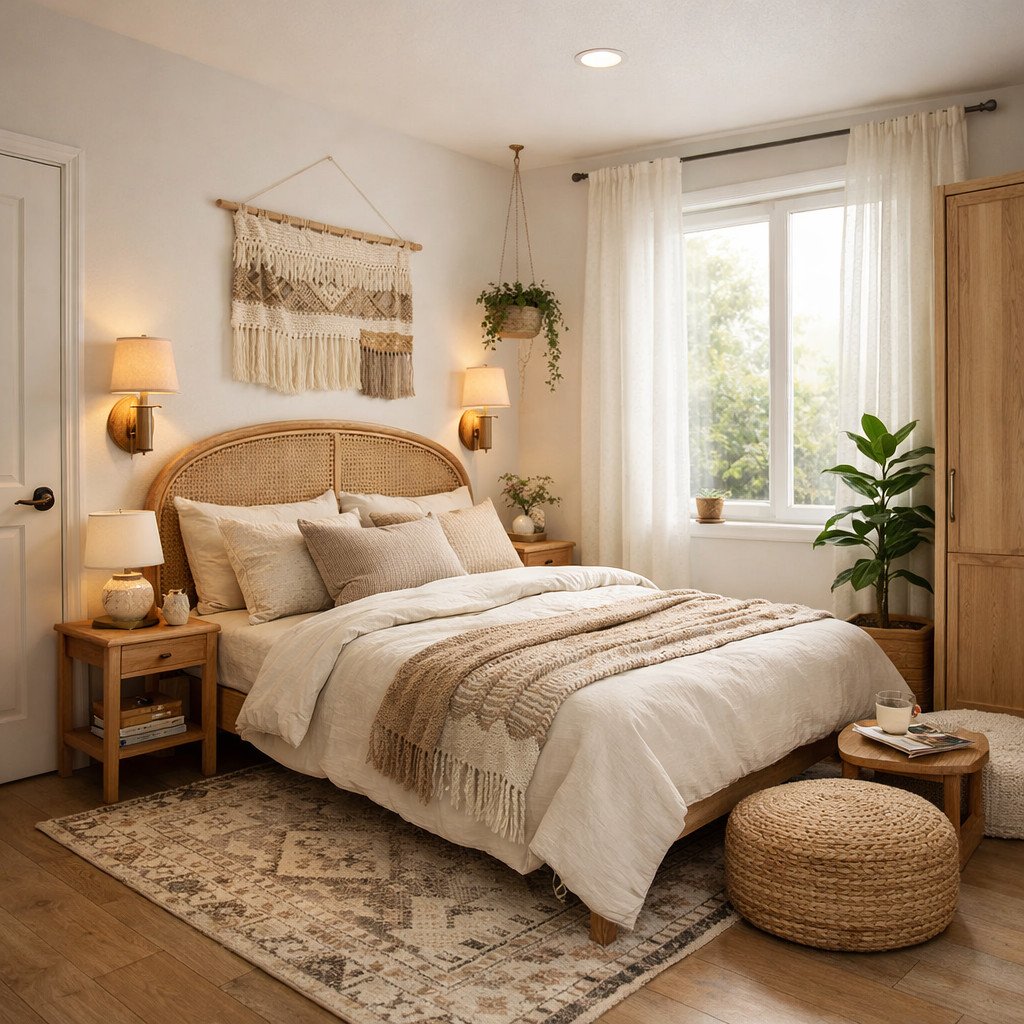 desain kamar estetik bohemian light yang hangat dan penuh karakter