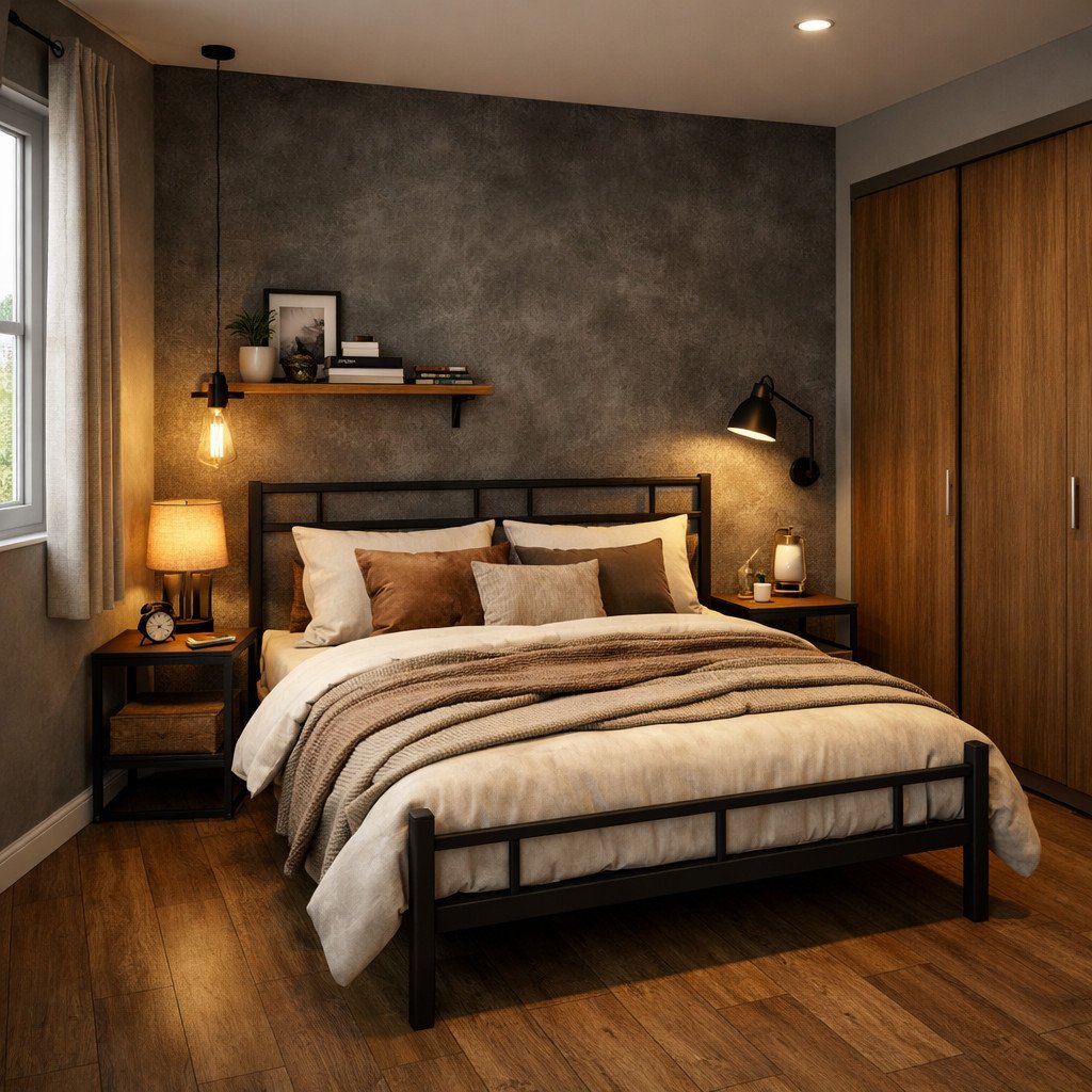 desain kamar estetik industrial cozy yang tegas tapi tetap hangat