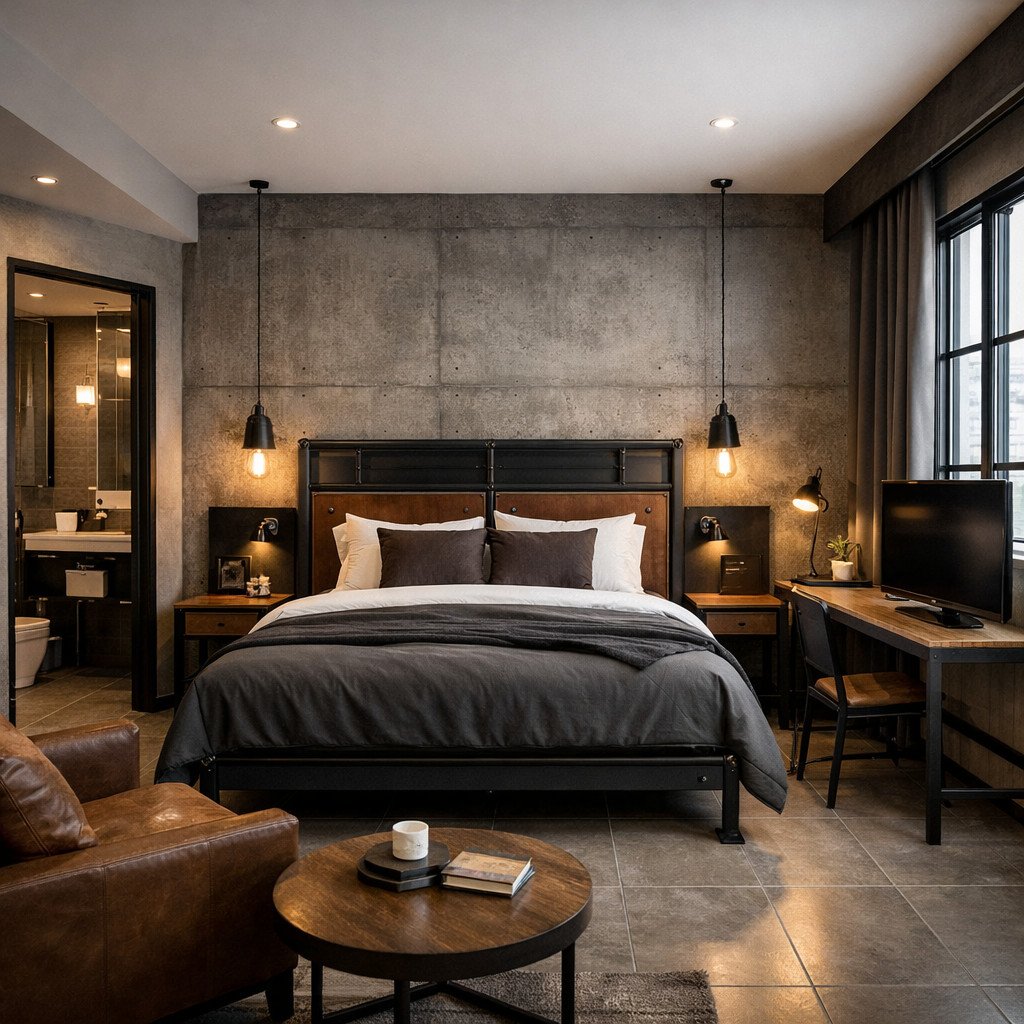 desain kamar hotel industrial boutique dengan karakter kuat dan modern