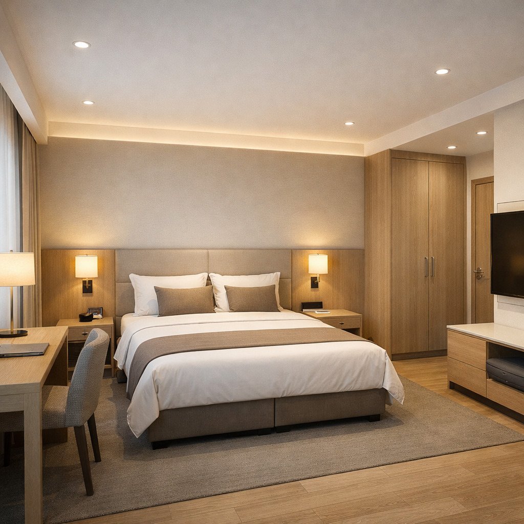 desain kamar hotel modern contemporary yang bersih dan timeless