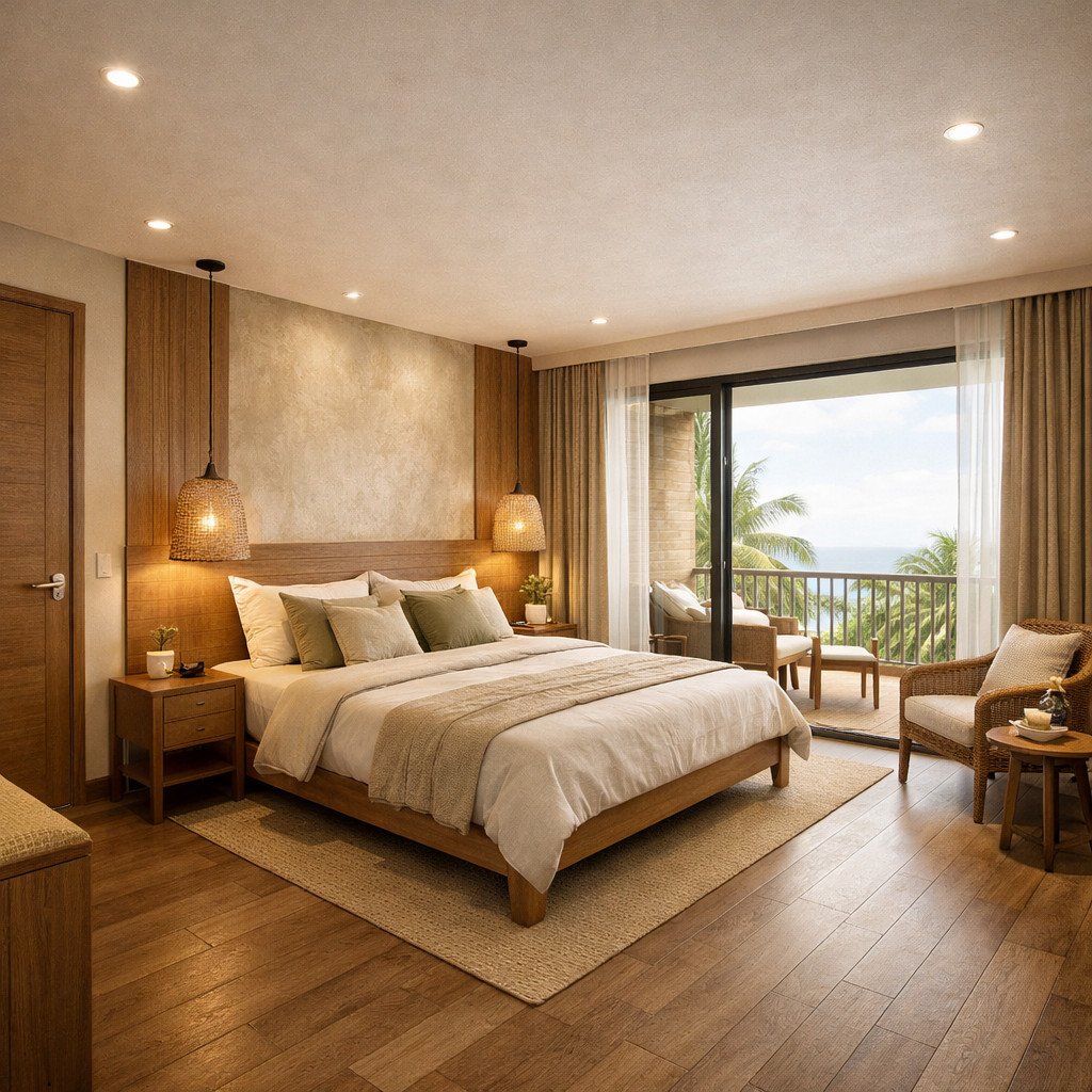 desain kamar hotel tropis natural dengan suasana santai ala resort