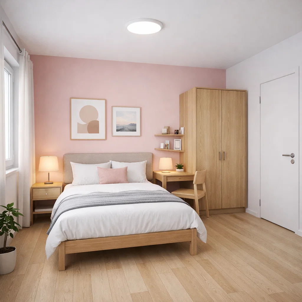 desain kamar pink elegan bergaya scandinavian yang cerah dan minimal