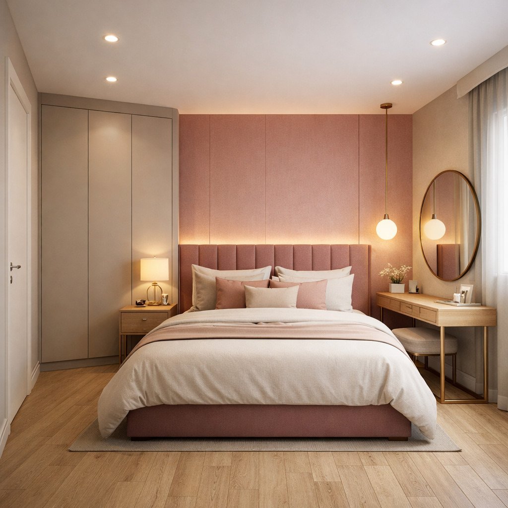 desain kamar pink elegan dengan dusty pink dan greige yang dewasa